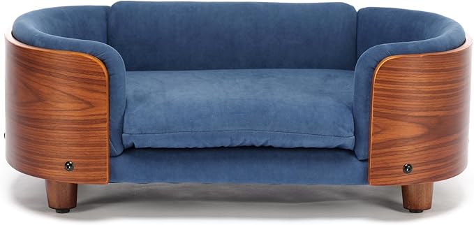 HomSof 26.38" Scandinavian Style Elevated Dog Cat Bed Pet Sofa with Solid Wood Legs and Bent Wood Back with Velvet Cushion,Small Sizeļ¼Navy+Brown