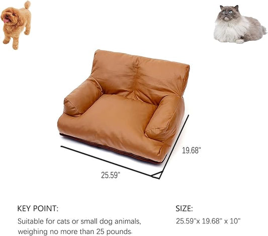 Pet Sofa Bed, Vintage Cat Dog Faux Leather Sofa with Non-Slip Bottom for Dogs Cats (Brown, Medium)
