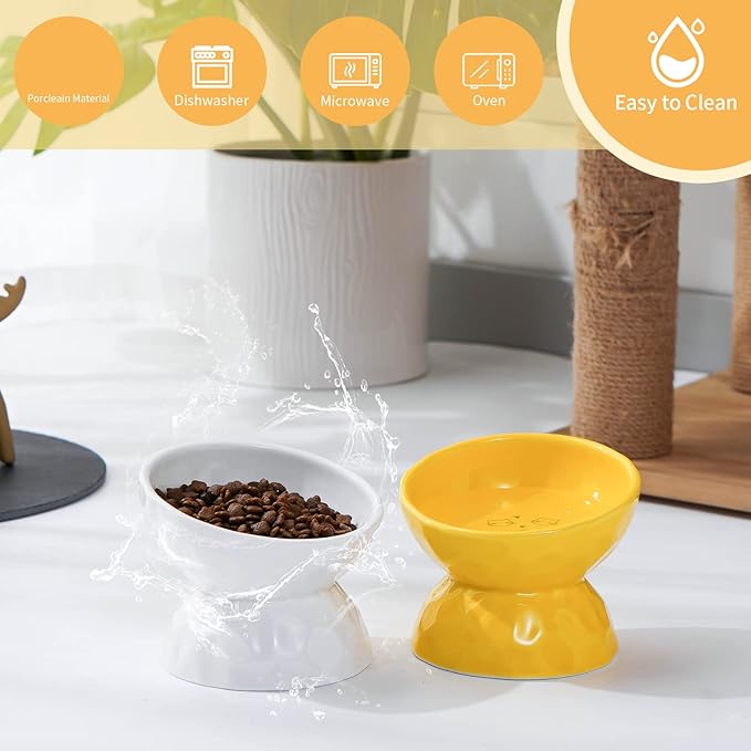 AOMRYOM Ceramic Tilted Raised Cat Food and Water Bowl Set, Elevated Stress Free Feeding Pet Bowl Dish for Cats and Small Dogs, Protect Cat's Spine, White & Yellow, Set of 2