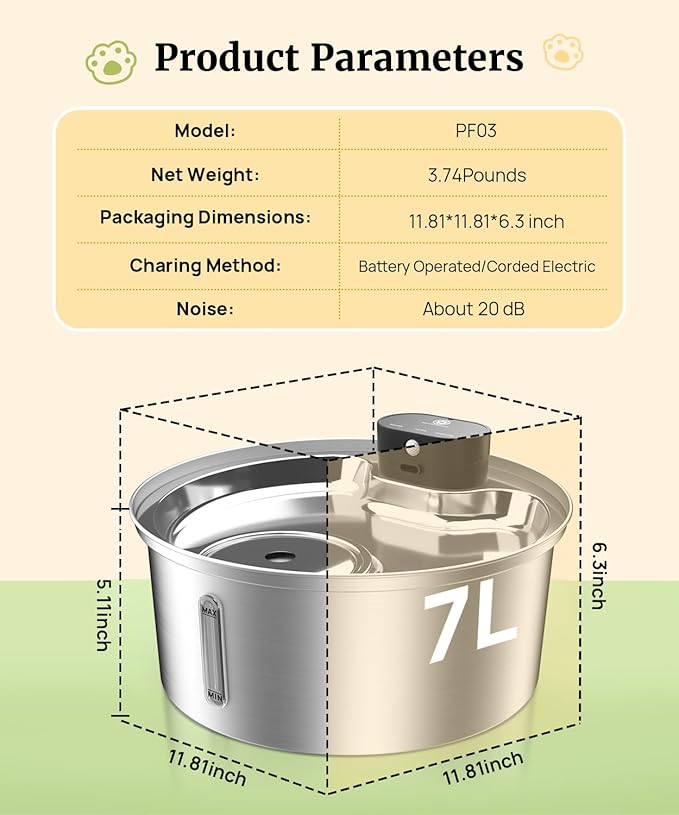 Dog Water Fountain for Large Dogs, 2025 Upgraded Fully Stainless Steel Automatic Dog Water Bowl Dispenser - 3 Work Modes, 6000mAh Battery Operated Dog Water Fountain Cordless - 7L/1.8Gal/236oz