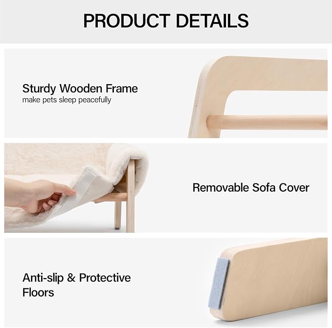 MEWOOFUN Cat Couch Bed, Pet Sofa for Indoor Cats Wooden Indoor Elevated Cat Beds with Removable Mattress Cover Suitable for Kitty, Puppy or Small Animal (White, Medium)