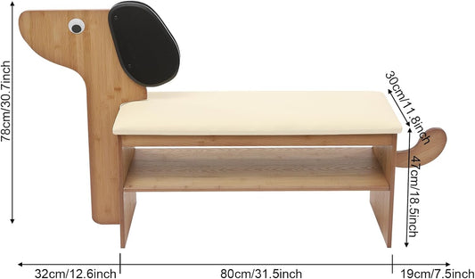 Cute Dog Shoe Bench with Cushion, 51.6”L x 11.8”W Puppy Shoe Storage Bench Beige 2-Tire Bamboo Shoes Rack Bench for Entryway Living Room Hallway Bedroom 220Lbs Load Capacity