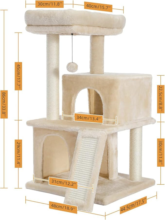 PAWZ Road Cat Tree Luxury Cat Tower with Double Condos, Spacious Perch, Fully Wrapped Scratching Sisal Posts and Replaceable Dangling Balls Beige
