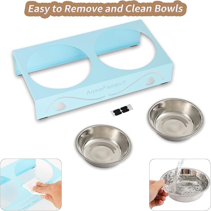 2 Pack Cat Food Bowls - Indoor Set with Metal Stand,5° Tilted Anti Vomiting Wide Raised Pet Dish, Cute Elevated Cat Feeding Station for Food Water, 4 Stainless Steel Bowls for Kitten, Puppy,Blue