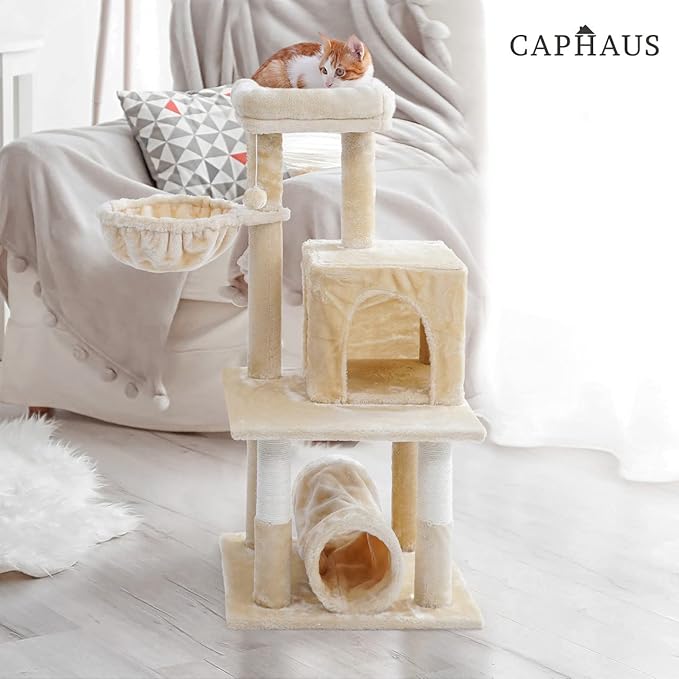 CAPHAUS Cat Tower for Indoor Cats, Modern Cute 40-Inch Small Cat Tree with Widened Perch for Large Cats Kittens, Multi-Level Cat Activity Tree with Scratching Posts, Tunnel, Basket, Cat Cave Condo