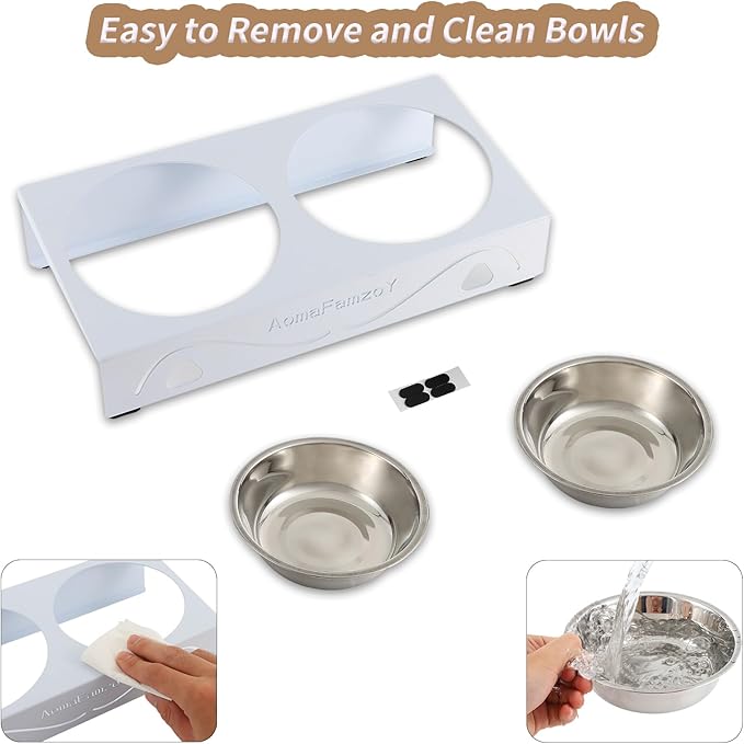 2 Pack Cat Food Bowls - Indoor Set with Metal Stand,5° Tilted Anti Vomiting Wide Raised Pet Dish, Cute Elevated Cat Feeding Station for Food Water, 4 Stainless Steel Bowls for Kitten, Puppy,White