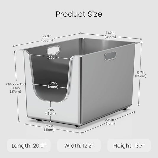 Stainless Steel Litter Box 13.7'' High Sides, XL Metal Cat Litter Box with Curved Low Entry, Cat Litter Pan for Big & Multiple Cats, Pet Toliet with Handy Wheels for Easy Moving