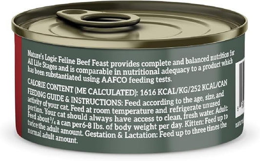 Nature's Logic Wet Can Cat Food - Feline Beef Feast 95% Animal Ingredients - No Synthetic Vitamins, Minerals or Artificial Additives, 100% Natural, Grain-Free, Made in USA - Beef (5.5 oz, 24 pack)