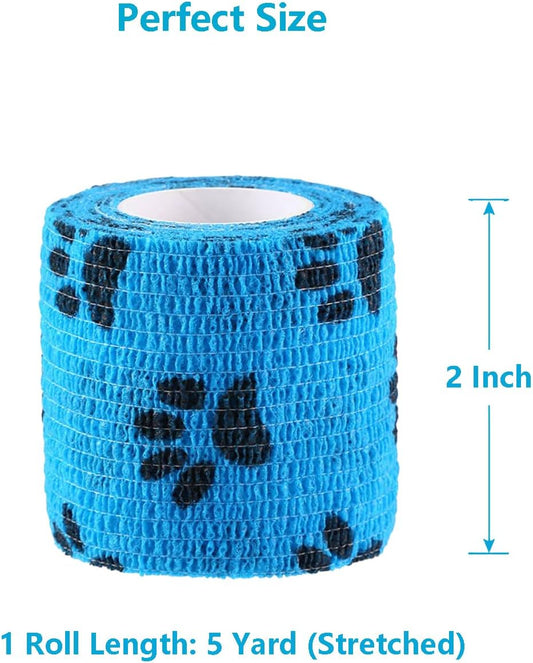 WePet Pet Wrap, Self-Adhesive, Only Sticks to Itself, Non-Woven Tape for Dog Legs, Paws, Wounds, First Aid Cohesive Gauze for Horse, Cat, Bird, Animal, 6 Rolls, 2 Inch, Pawprints A