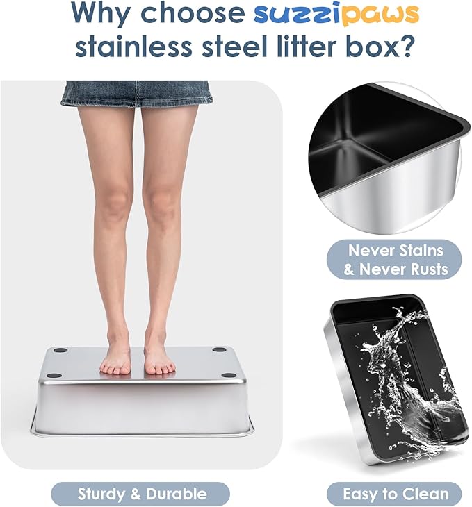 Non-Sticky Coated Stainless Steel Cat Litter Box with Lid Extra Large Litter Box for Big Cats XL Metal Litter Pan Tray with High Wall Sides Enclosure, Anti-Leakage, Easy Cleaning
