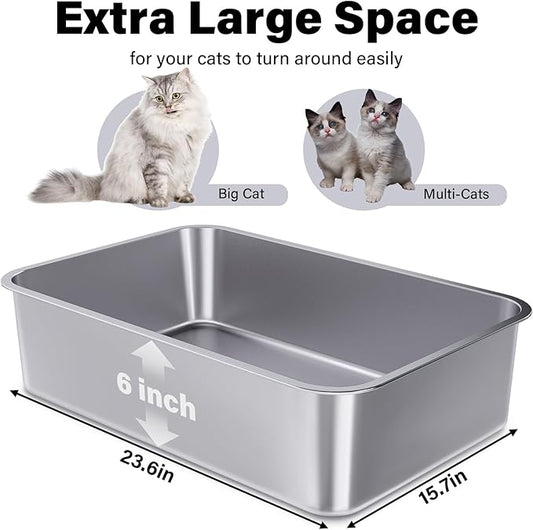 Stainless Steel Litter Box 3 Pack, 23.6" X 15.7" X 6" Extra Large Cat Litterbox No Smell, XL Metal Litter Box for Big Kitty, Multiple Cats, Non Stick, Easy Cleaning