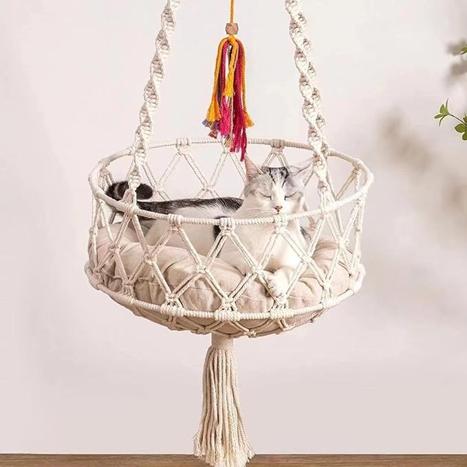 Macrame Hanging Cat Hammock Bed Handwoven Hanging Boho Cat Bed with Hanging Kit for Indoor Outdoor Home Decor Boho Cats Perch Bed for Sleeping Playing Climbing and Lounging for Cats Up to 11 lbs 02