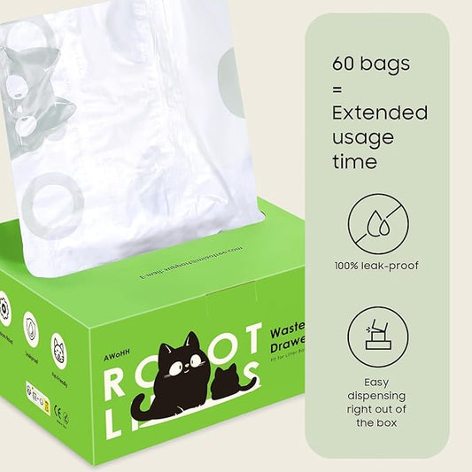 Cat Litter Box Robot 4 and 3 Waste Bags, 60 Pack Automatic Litter Box Bags, Thick Heavy Duty Cat Litter Box Liner Bags 26.3 X15.7 IN