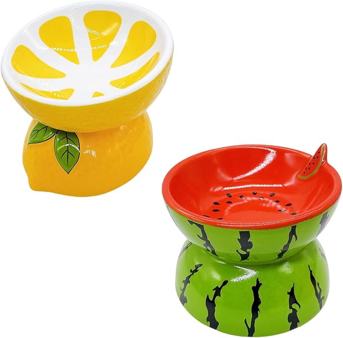 Hamiledyi Ceramic Raised Cat Bowl Anti Vomiting Elevated Tilted Cat Food & Water Bowls 2PCS Pet Feeder Dish for Indoor Kitty and Small Dogs (Watermelon & Lemon)