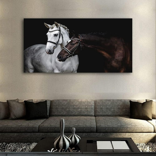 LK0650-Jiuqinghua Wall Art Canvas Print Picture White and Brown Horses 1 Panel Wild Animal Painting Artwork for Living Room Bedroom Office Home Wall Decor Stretched and Framed Ready to Hang