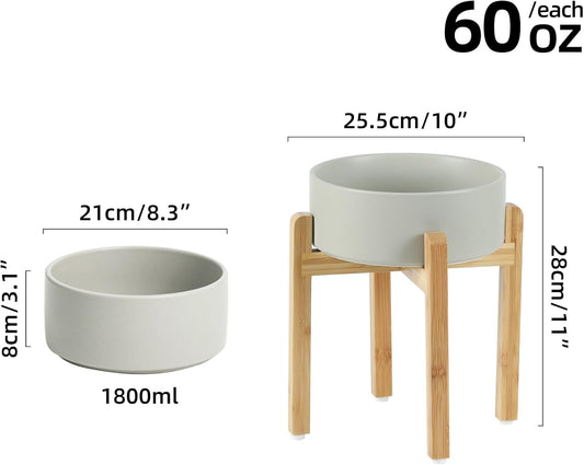 Ceramic 8.2inch Raised Dog Bowl Set, Elevated Feeder with Stand, Food and Water Bowl for Large Breed Dogs, Weighted Pet Dish(60oz, Grey)