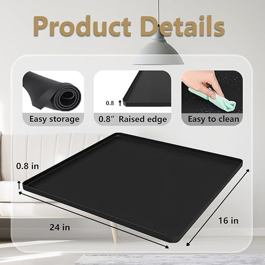 Waterproof Silicone Mat with Raised Edges 24x16 Inch, Water Cooler Mat & Countertop Protector for Hardwood Floors, Non-Slip Kitchen Appliance Pad for Pets Cats Dogs Feeding Bowls, Easy to Clean(Black)