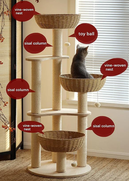54" Large Modern Cat Trees, Luxury Rattan Oak Solid Wood Cat Trees Towers,3 Weaving Cat Nests & Washable Cool Cushions, Sisal Scratching Posts,Cat Condo for Indoor Cats- Wood Wax Oil Version