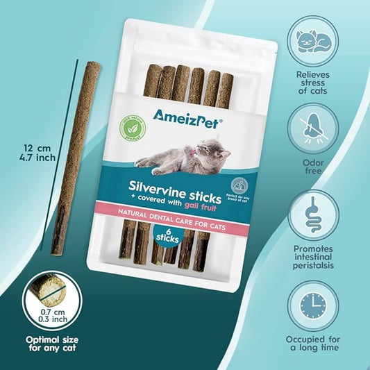 Silvervine Sticks for Cats, Chew Sticks Covered with Gall Fruit Dust - Natural Matatabi Cat Dental Care, Catnip Cat Teeth Cleaning, 6 Pcs