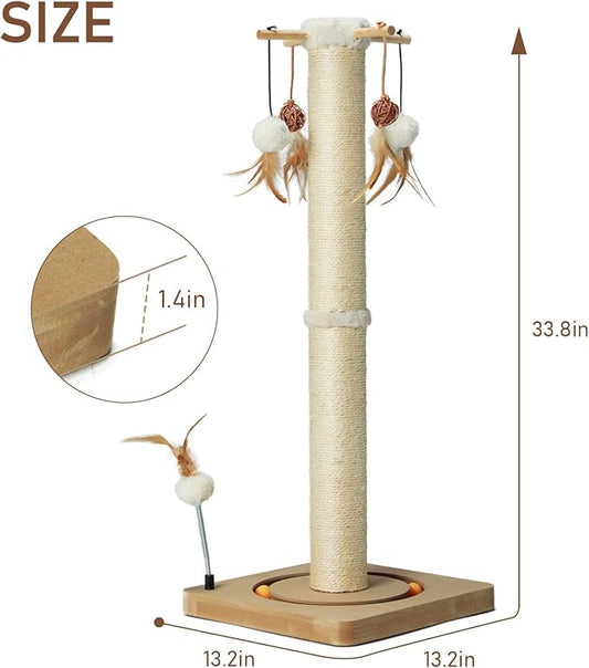 PEEKAB Cat Scratching Post 33 Inches Tall Large Sisal Scratch Posts with Track Ball Toys for Indoor Cats and Kittens,Vertical Scratcher Toy Beige
