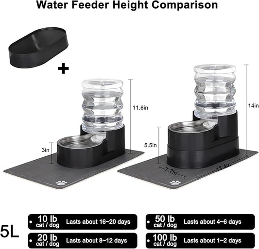 RIZZARI Automatic Cat Water Dispenser: Black 5L Elevated Feeder - Stainless Steel Gravity Bowl - Leakproof Base for Indoor Pets