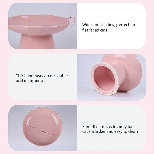 Extra Wide 6.1" Raised Cat Food Bowl, Shallow Ceramic Elevated Cat Feeder, Anti Vomiting, Stress Free, Whisker Fatigue, Pet Food or Water Bowl, Pink