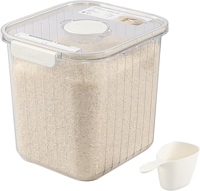 22 Lbs Large Rice Storage Container with Measuring Cup, Clear Pets Food Bin with Seal Locking Lid, Dry Food Flour Bin for Rice, Flour, Pet Food, Baking Supplies