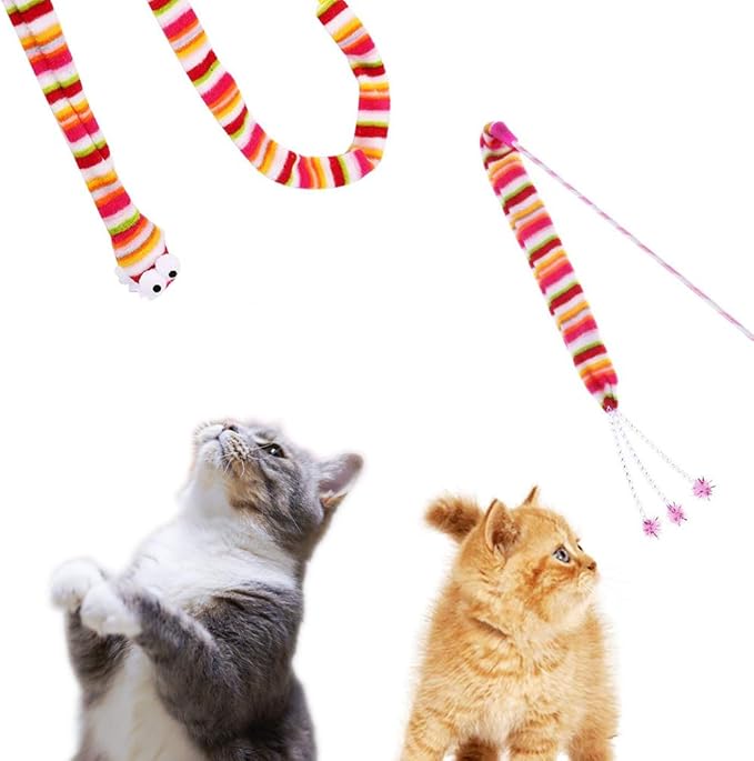 KABASI Cat Wand Rainbow Toy, 3 Styles Funny Interactive Cat Toys, Cuddly Stuffed Snake Toy on Stick with Bell, Colorful Sounding Toys, Rainbow Ribbon Wand for Kittens Training