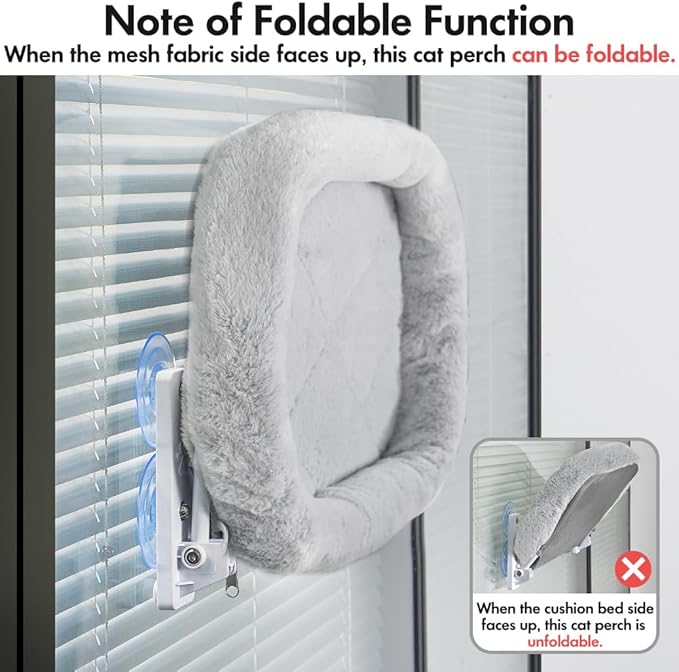 AMOSIJOY Cordless Cat Window Perch, Cat Hammock for Wall with 4 Strong Suction Cups, Solid Metal Frame and Two Replaceable Covers, Foldable Cat Beds for Indoor Cats (Large-Cushion Bed-Gray)