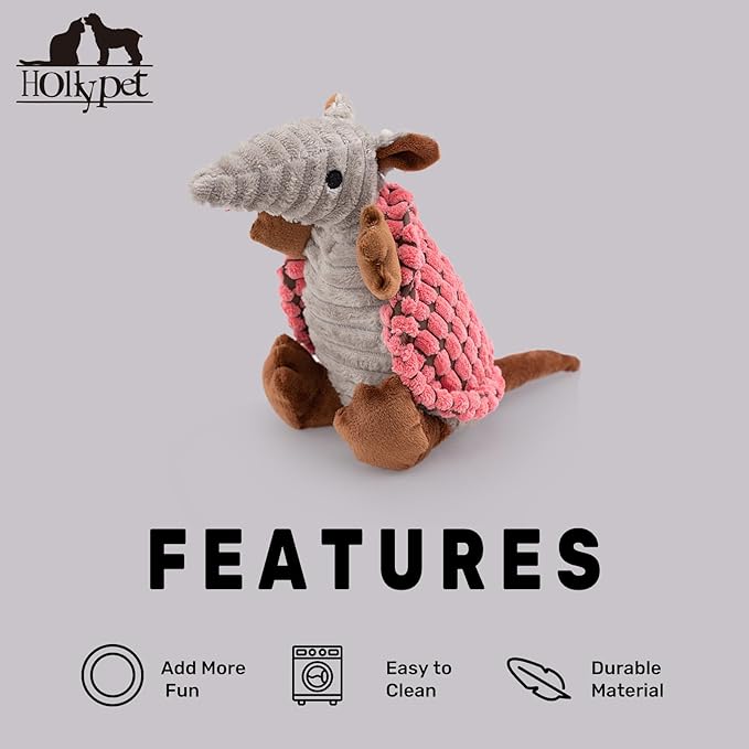 Hollypet Plush Dog Squeaky Toy Stuffed Armadillo Animal Pet Puppy Chew Toys with Clean Teeth for Small Medium Large All Breed Sizes Dogs, Bright Pink,8 in