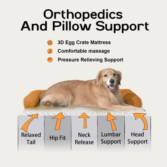 Large Dog Bed Orthopedic Washable, Orthopedic Dog Beds for Large Dogs with Washable Cover, Removable Bolster and Non-Slip Bottom Orange Dogs Beds, XL XLarge Extra Large Dogs