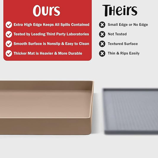 DogBuddy Non-Slip Silicone Food Mat for Dogs (XXL: 32" x 24", Taupe) - Waterproof, Nonslip Dog Feeding Mat with Raised Edges