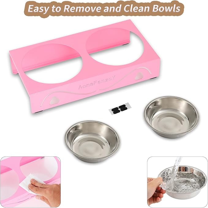 2 Pack Cat Food Bowls - Indoor Set with Metal Stand,5° Tilted Anti Vomiting Wide Raised Pet Dish, Cute Elevated Cat Feeding Station for Food Water, 4 Stainless Steel Bowls for Kitten, Puppy,Pink