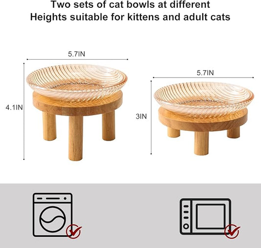 Cat Bowls Whisker Friendly with Wooden Stands. Raised Elevated Glass Whisker Fatigue Cat Bowl for Indoor Cats. 2PCS (Amber)