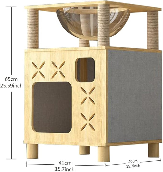 Solid Wood Cat Scratching House,Wooden Box Pet House,Cat Tree Large Pet Shelter (Blue, wide-15.7in)