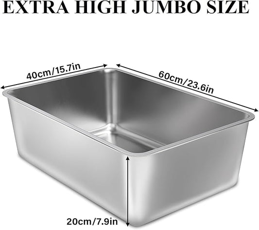 Stainless Steel Litter Box 2 Pack, 23.6x15.8x8 Inch(Deep) Stainless Steel Cat Litterbox XXL with High Sides, Non Stick No Smell Easy Clean Jumbo Metal Litter Boxes for Big/Fat Cats