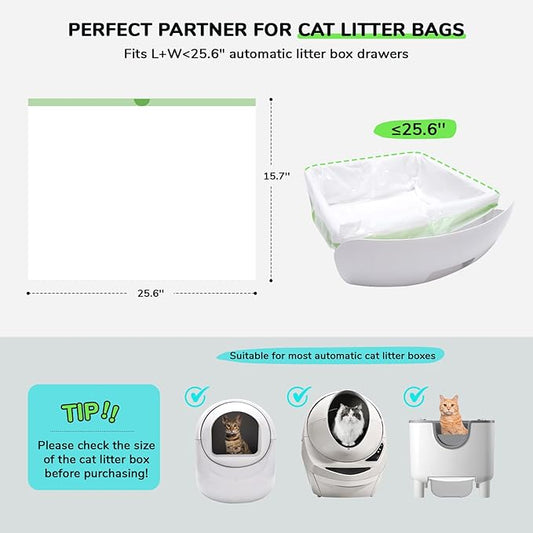 65 Count Drawstring Cat Litter Bags for Most Auto Self-Cleaning Litter Box, Extra Thick Pet Litter Drawer Liners Replacement, Durable Cat Waste Bags, Unscented, 25.6'' W x 15.7'' H
