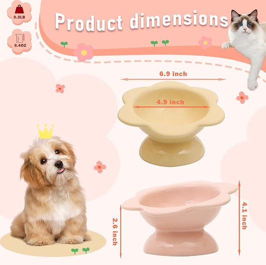 2 Pcs Ceramic Raised Cat Bowls - Flower Design, 7 oz Tilted Elevated Cat Food & Water Bowl for Anti Vomiting & Spine Protection