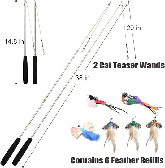 Interactive Cat Wand Toys Set, 2PCS Cat Teaser with 6 Replacement Birds, Feathers & Bells for Indoor Play