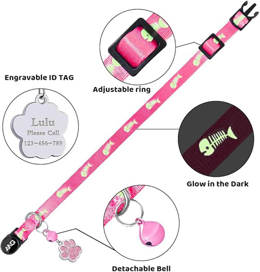 Personalized Breakaway Cat Collars Glow-in-The-Dark with ID Tag, Bell - Safety Quick - Release, Customizable for Female Male Kittens & Cats (Pink)
