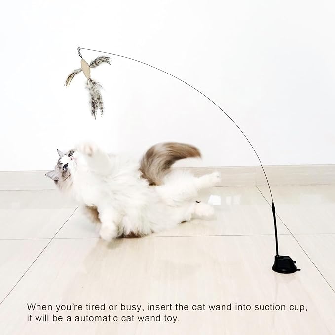 TTcat Cat Feather Toys Suction Cup,2 Cat Wands,8Pcs Birds and Insects Dragonfly Grasshopper Simulation Feather Refills with Bells, Interactive Toys for Indoor Cats and Kitten.