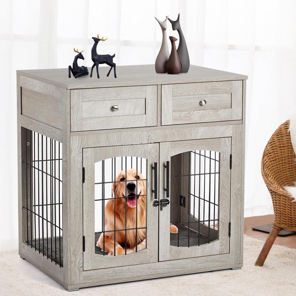 Dog Crate Furniture for Large Dogs, Wooden Dog Kennel Indoor with Double Doors, Dog Cage with Cushion & Drawers, Dog House Side End Table for Large Medium Dogs up to 70 lb, 39.4β L, Grey