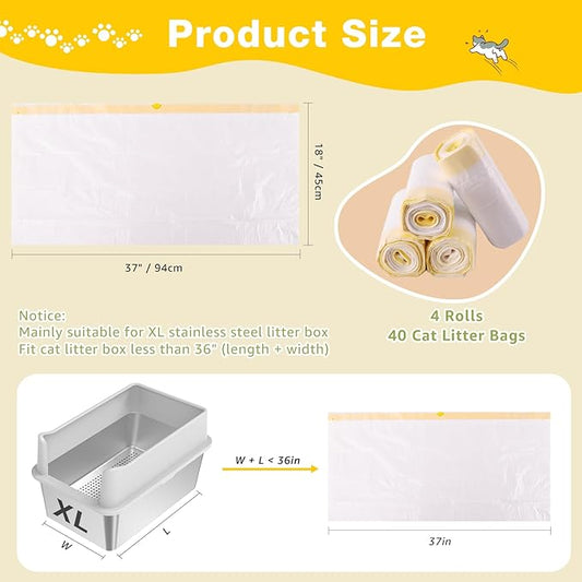 Litter Box Liners 40 Count, 37" x 18" Jumbo 3MIL Thicken Cat Litter Bags Tear Resistant Disposable Cat Litter Liners for XL Stainless Steel Litter Box and Other Suitable Size Litter Box