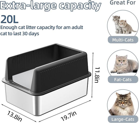 Stainless Steel Cat Litter Box with Lid,XL,19.7”L x 13.8”W x 11.8”H Deep,Metal Litter Box with High Side,for Small and Large Cats,with a Scoop and Scoop Storage Box Litter Mat Double,Easy Cleaning