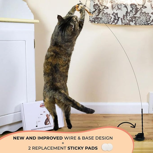 Interactive Bird Simulation Cat Toy Set, Interactive Cat Toy for Indoor Cats, Cat Feather Toy, Suction Cup, Weighted Base, 5 Replacement Birds, Feathers & Bells, Realistic Bird Impression