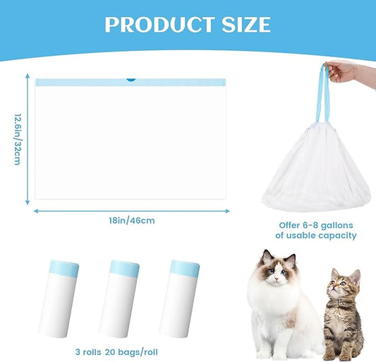 60 Count Self-Cleaning Cat Litter Box Liners Bag Compatible with Meowant MW-SC01/MW-SC02/MW-LR01, Heavy Duty Thick Drawstring Replacement Cat Litter Bags Self Cleaning Litter Box Bags 18 * 12"