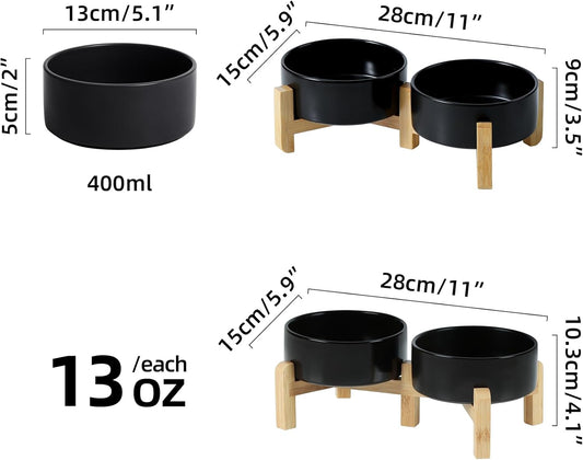 Ceramic Raised Double Bowls Set with Stand, 2 Heights Elevated, Food & Water Bowls for Small Breed Dogs, Cats, Kitty, Weighted Dog Dishes, Pet Bowls(5.1'',13.5oz, Black)