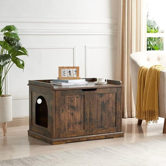 unipaws Cat Litter Box Enclosure Furniture, Dog Proof Hidden Litter Box Cover, Cabinet for Large Cat,Hideaway Kitty House, Rustic