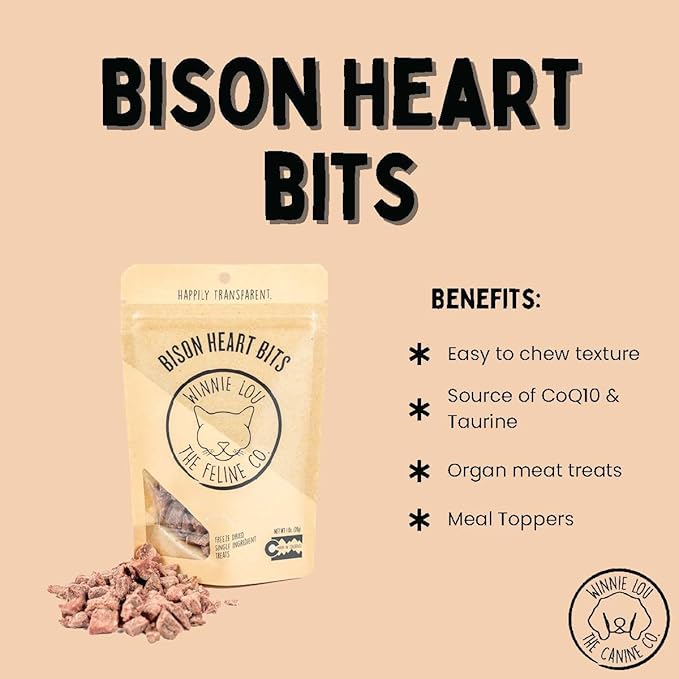 Grass-Fed Bison Heart Bits Cat Treats (Pack of 3) - Single Ingredient, High Protein Cat Food Snacks, Grain Free & Made in USA, with Taurine, Iron & Zinc for Healthy Cats