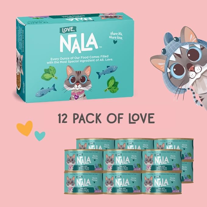 LOVE, NALA - Natural Adult Cat Wet Food - Pate Tuna with Spinach Recipe- Grain Free, Non-GMO, Lean Protein, Iron, Digestive Fiber Blend, Added Minerals & Vitamins - 12 Pack 2.4 lbs.